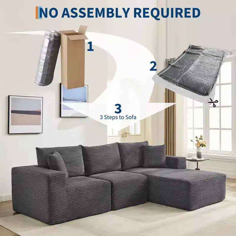 108 Modernes 3-Sitzer-Sofa, gepolstertes Sofa in L-Form mit Kissen, Sofa mit tiefer Sitzfläche, keine Montage erforderlich