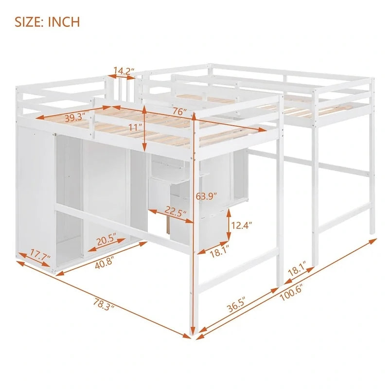 Lits mezzanine doubles jumeaux avec armoires et escalier