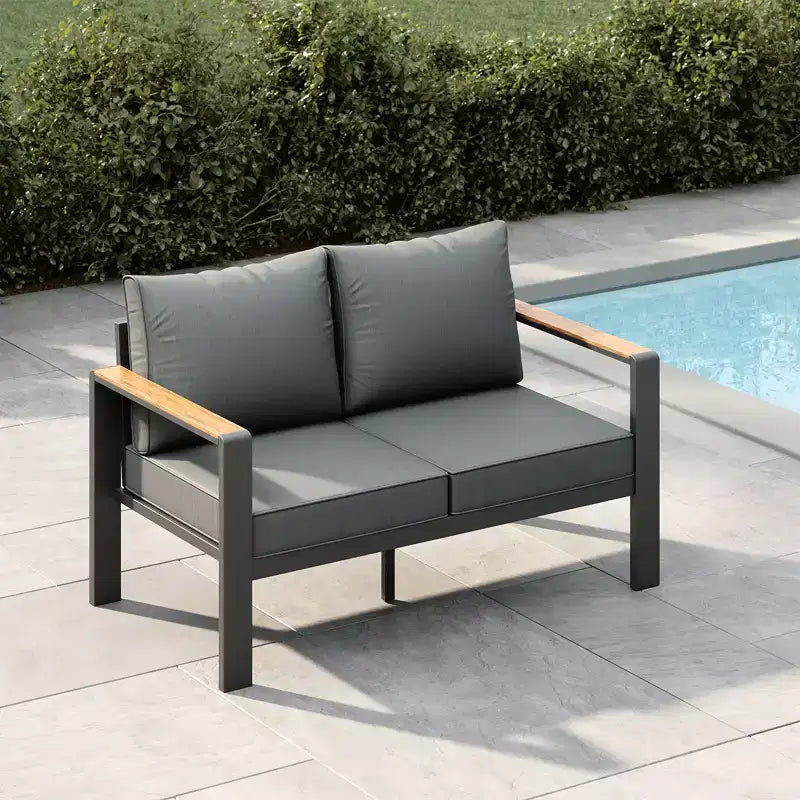 Set di mobili da patio in alluminio, divano componibile da esterno con 5 cuscini spessi, 4 braccioli e tavolino da caffè per giardino, terrazza e cortile