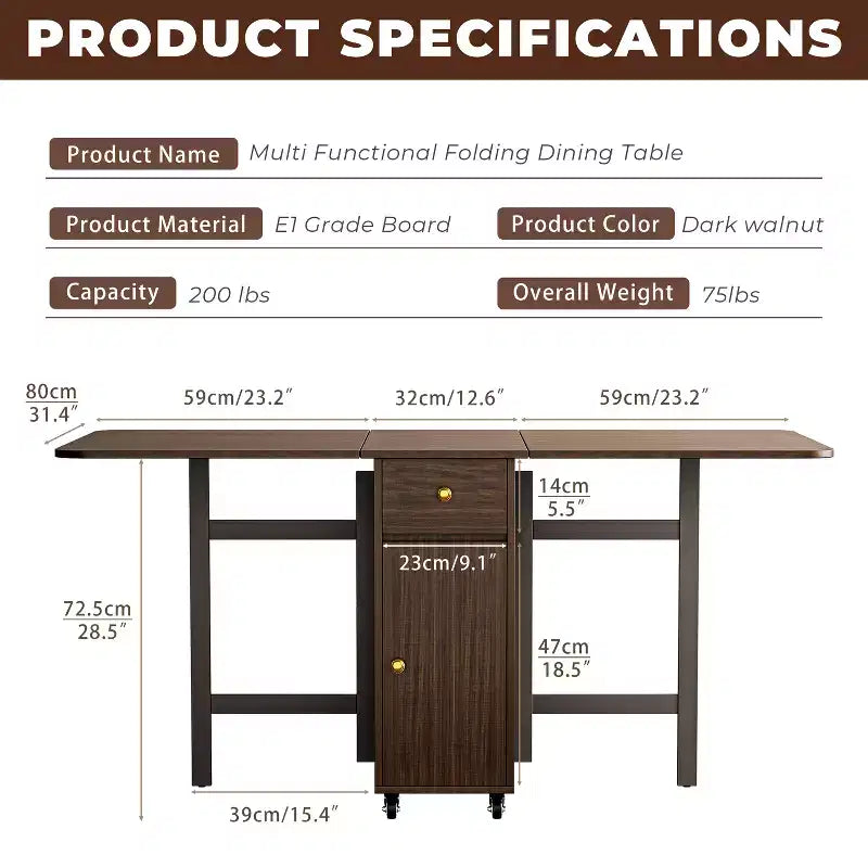 ATJafurn opklapbare eettafel van 59 inch met neerklapbare bladen voor kleine ruimtes, rechthoekige uitschuifbare houten keukentafel met wielen en opbergruimte
