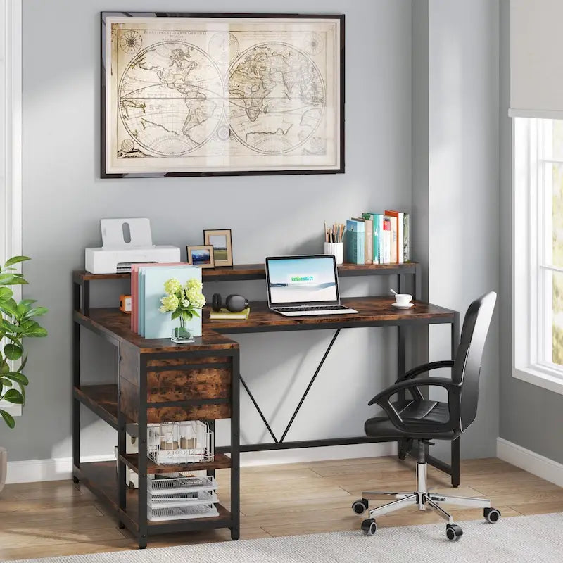 Schreibtisch in L-Form mit Schublade, Eckschreibtisch fürs Homeoffice mit Ablagefächern und Monitorständer, rustikaler PC-Schreibtisch für kleine Räume