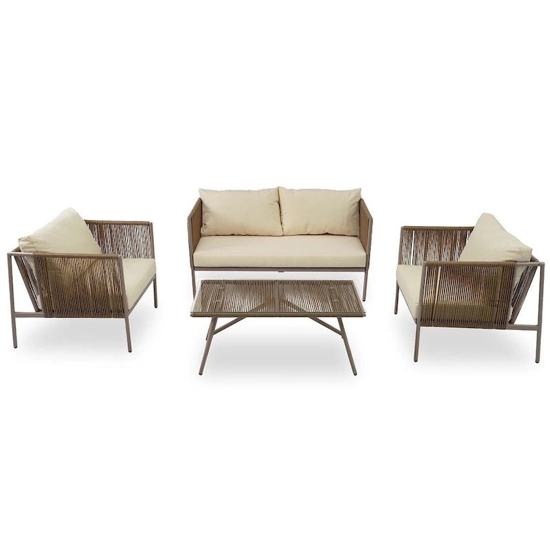 Ensemble de patio extérieur en corde, 4 pièces pour 4 personnes, avec coussins et table en verre