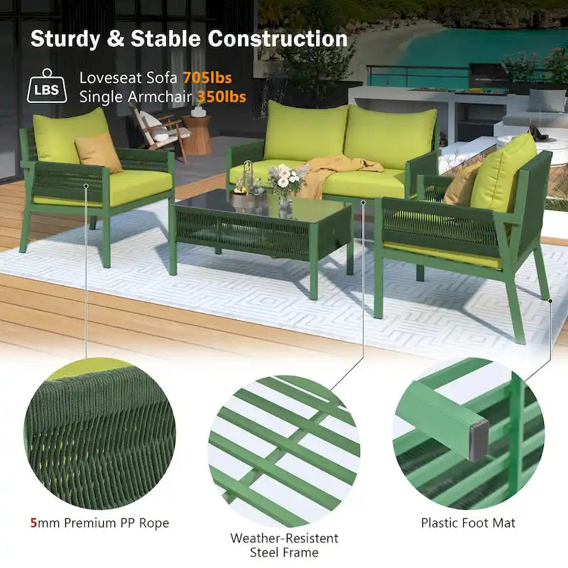 4-delige tuinmeubelset, loungeset voor buiten met tafel van gehard glas, diepe zit en dikke kussens