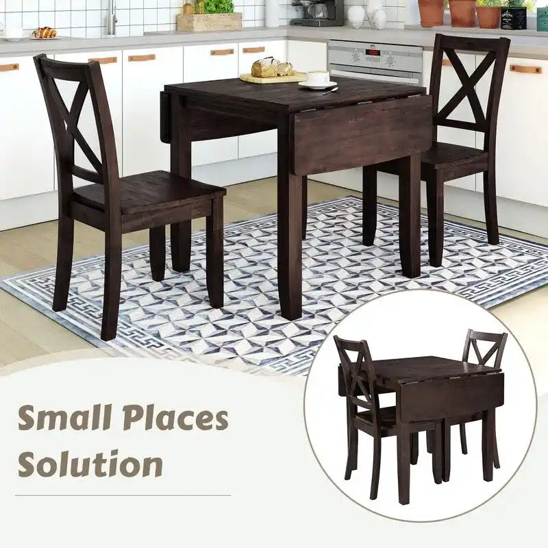 Ensemble de table de petit-déjeuner en bois à abattants, 3 pièces, avec 2 chaises à dossier en X, pour petits espaces