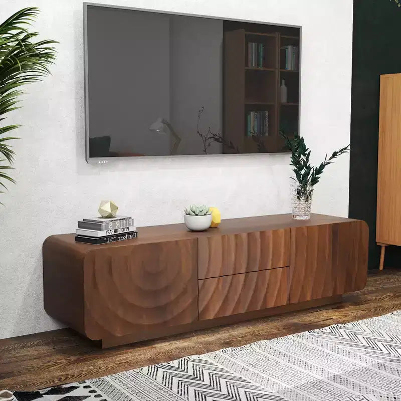 Mobile TV JVNOXK da 58 pollici, design a spirale ondulata di metà secolo, con armadietto contenitore e due cassetti, adatto per soggiorno o camera da letto, noce