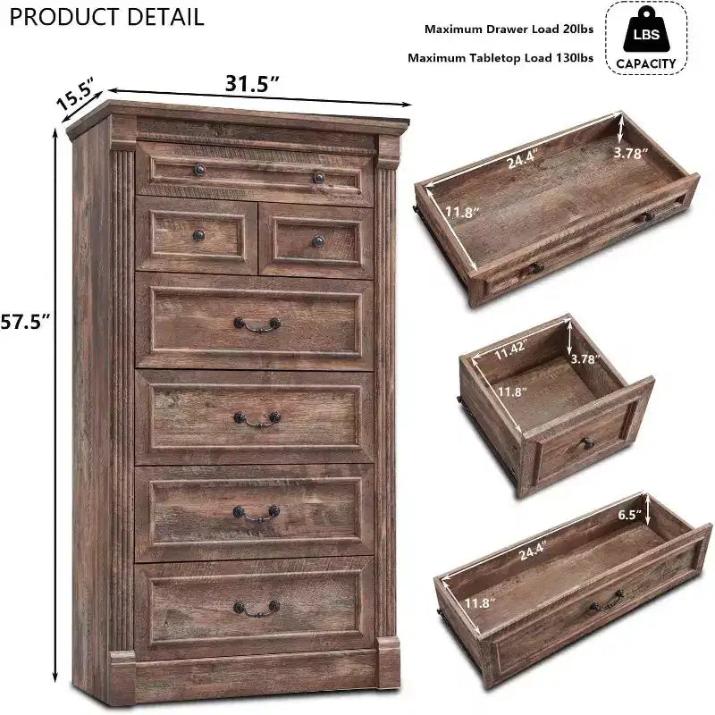 Cassettiera Mastgoal 57 in stile rustico con 7 cassetti, mobile contenitore in legno con colonna romana per camera da letto