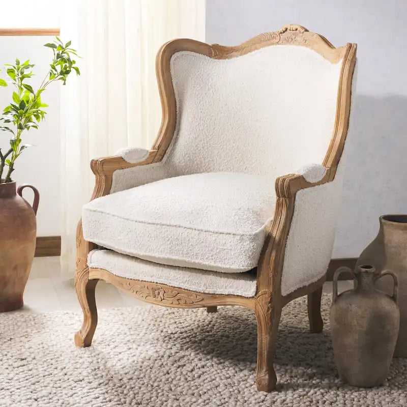 SAFAVIEH Couture Kali-vleugelstoel van eikenhout en natuurlijk linnen - 34Wx34Dx40H