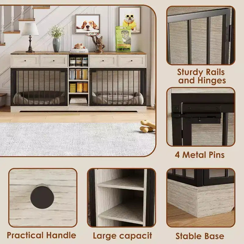 Meuble double cage pour chiens 82, grand chenil d’intérieur pour 2 chiens, cage en bois robuste faisant office de meuble TV avec 4 tiroirs et des étagères