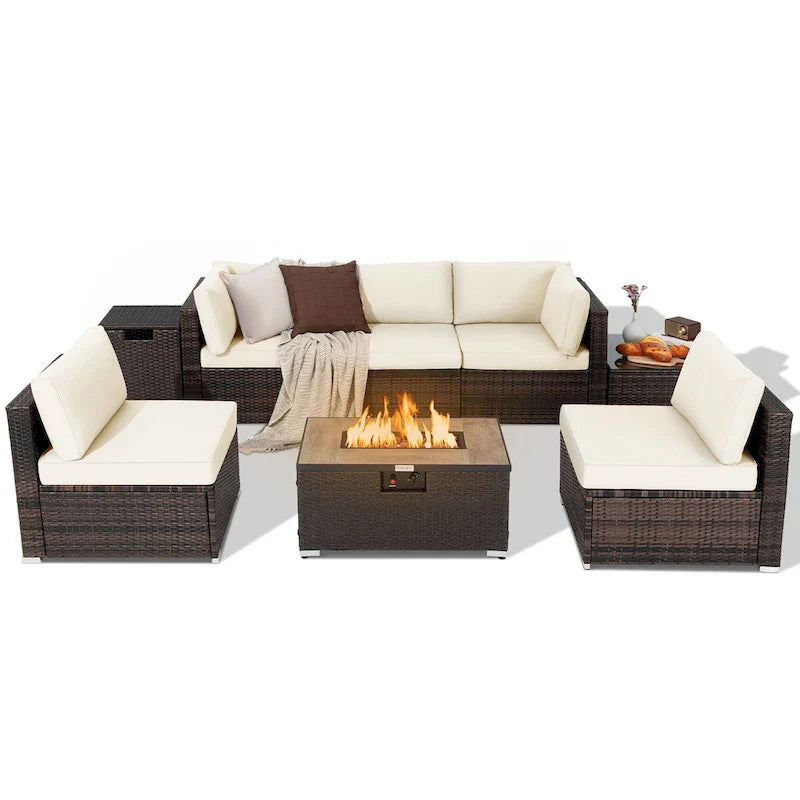 8-teiliges Gartenmöbel-Set aus Rattan mit Feuertisch, Tankhalter, Abdeckung und Terrassenmöbeln