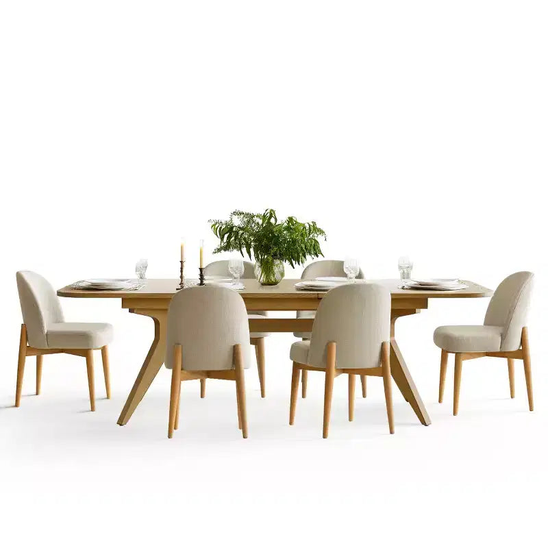 Eetkamerset met 7 delen, uitschuifbare tafel van 78-96 met schraagonderstel en gestoffeerde stoelen met poten van massief hout-Panipeachy