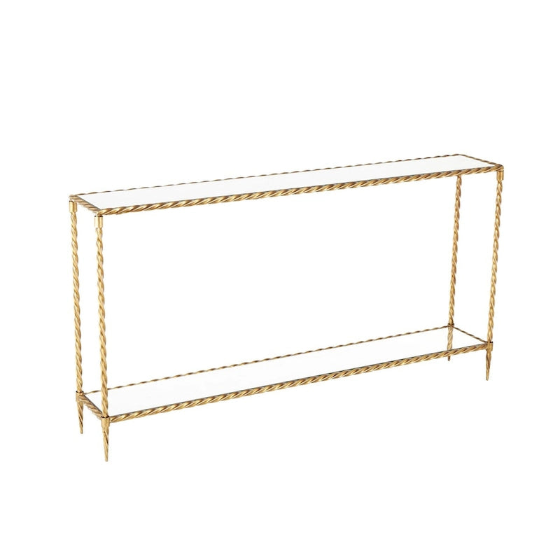 Konsolentisch mit 1 Ablage, inspiriert von gedrehtem Metallseil, mit verspiegelter Glasplatte und Ablage - Gold - Roche River Decor