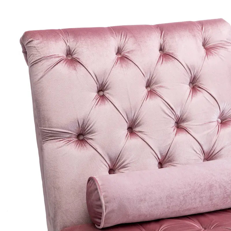 Chaise longue reclinabile imbottita in velluto con bottoni, cuscino e piedini in acrilico