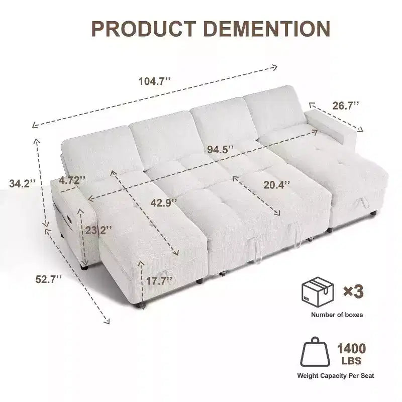 104-Zoll-U-förmiges Schlafsofa mit Stauraum, umwandelbar