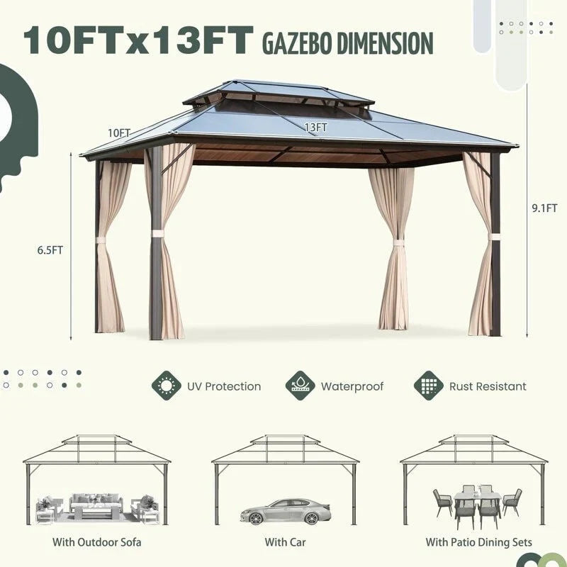 EROMMY hardtop-paviljoen, pergola voor buiten met dubbel dak, netten en gordijnen, extra stevig zonnescherm voor terras, achtertuin en zwembadfeest