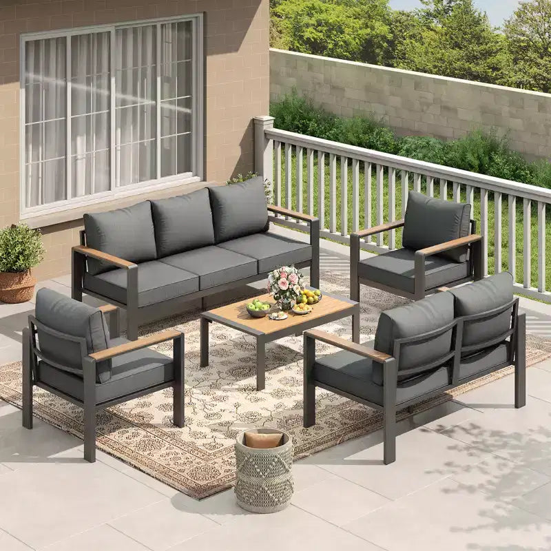 Ensemble de mobilier de patio en aluminium, canapé d’angle d’extérieur avec 5 coussins épais, 4 accoudoirs et table basse pour le jardin, la terrasse ou la cour