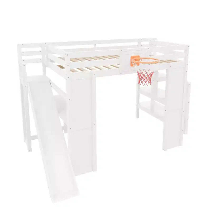 Luxystar großes Hochbett aus Holz mit Schreibtisch, Rutsche, Basketballkorb und Aufbewahrungstreppe für Kinder und Jugendliche