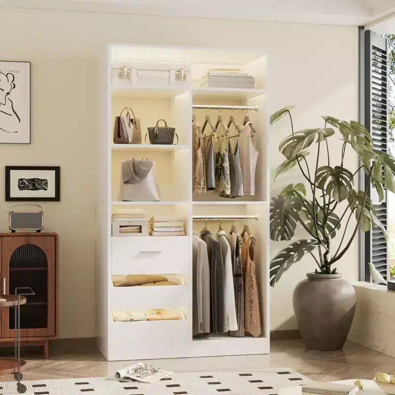 Organizer per armadio con cassetti in legno, sistema guardaroba indipendente con aste appendiabiti