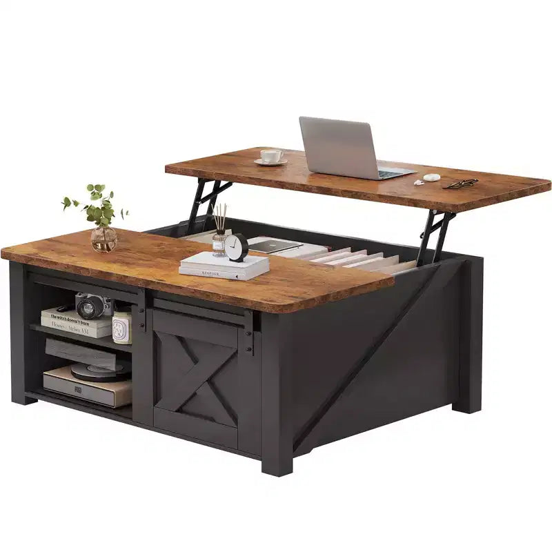 JIONJOY salontafel van 31.5 met hefblad en grote verborgen opbergruimte, verstelbare planken, vierkante boerderijstijl salontafel voor de woonkamer en kleine ruimtes