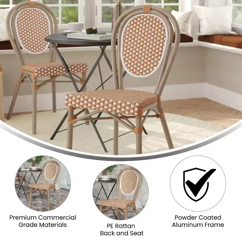 Flash Furniture Lourdes Bistro-Stapelstuhl im Thonet-Stil für den gewerblichen Innen- und Außenbereich, PE-Rattan und Aluminiumgestell