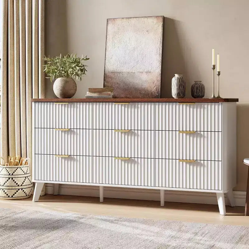 Fluted 9-Drawer Dresser, 60.6 Wide Wood Chest of Drawers with Deep Storage, for Bedroom, Living Room, or Hallway Use