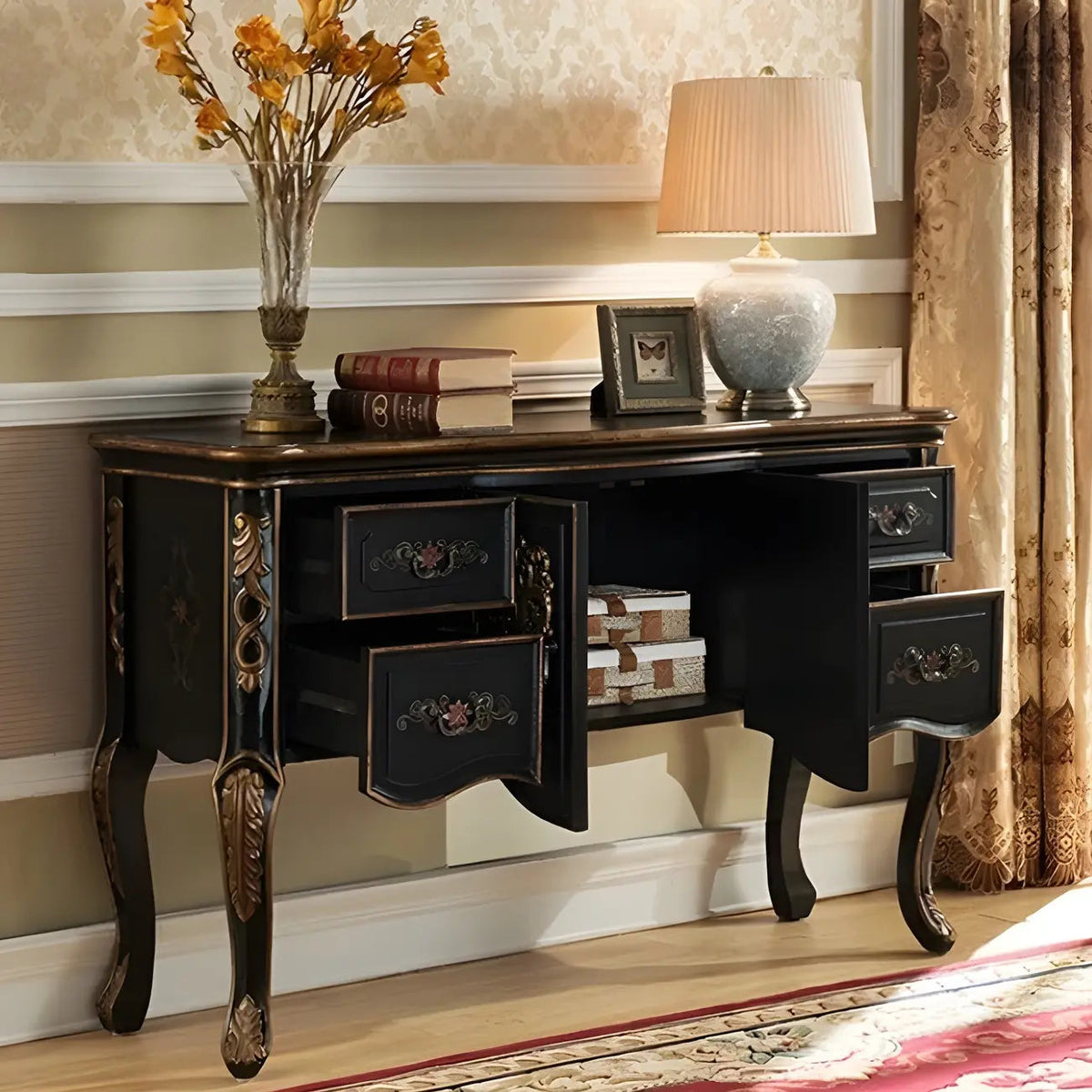 Franse houten koffiekleurige opbergconsoletafel met laden