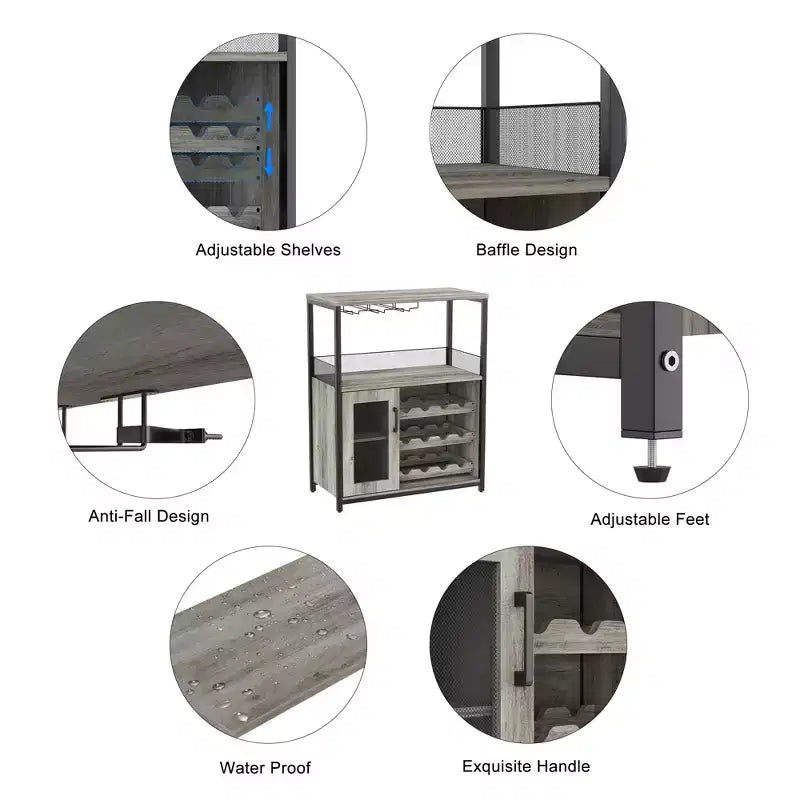 Grijze industriële wijnkast met 3 niveaus (12+ flessen) 36H x 24W x 15D, afneembaar rek, 9 glashouders en verstelbare planken voor thuis of de bar
