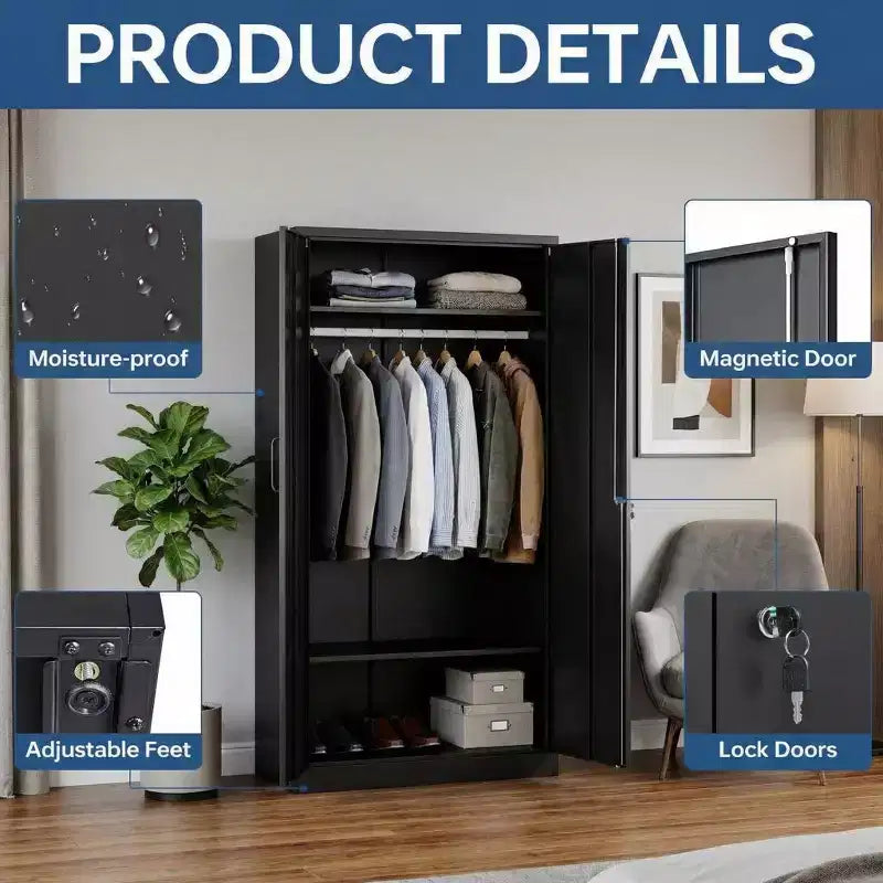 Armoire-penderie en acier robuste de 72in avec serrure, armoires de rangement métalliques pour garage, armoire métallique de rangement pour la maison, la chambre, le bureau ou le placard