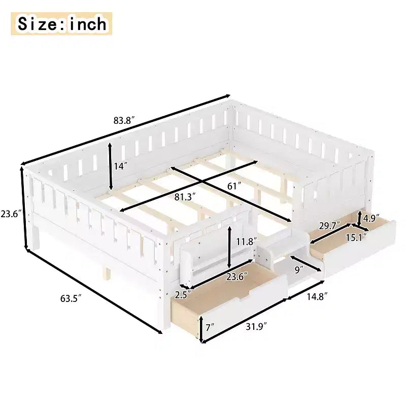 Lit pour enfant Bellemave format queen avec 14 barrières de sécurité, cadre de lit compact avec bibliothèque intégrée et 2 tiroirs de rangement sous le lit