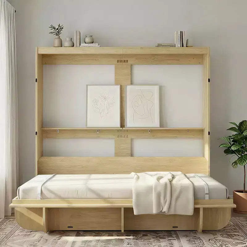Lit escamotable invisible 2-en-1 avec étagères de rangement, grand lit, bois naturel (matelas non inclus)