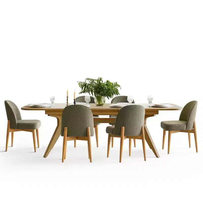 Eetkamerset met 7 delen, uitschuifbare tafel van 78-96 met schraagonderstel en gestoffeerde stoelen met poten van massief hout-Panipeachy