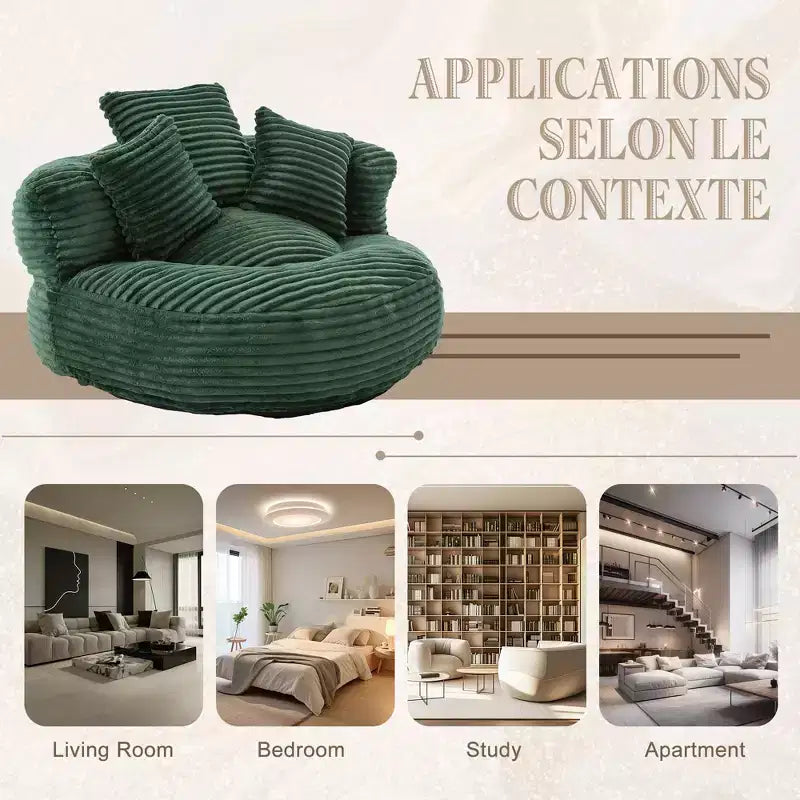 Sitzsacksofa für Erwachsene und Kinder, übergroßer Cord-Sitzsack mit 3 Kissen und Armlehnen für Wohnzimmer und Schlafzimmer - ModernLuxe