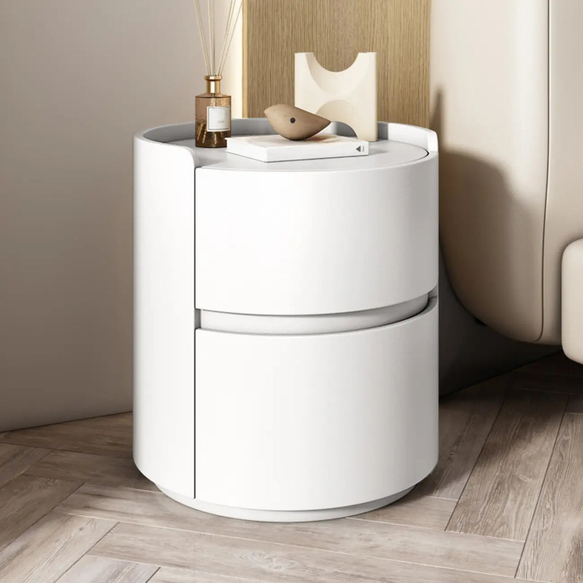 Comodino rotondo moderno con vassoio in pelle e 2 cassetti