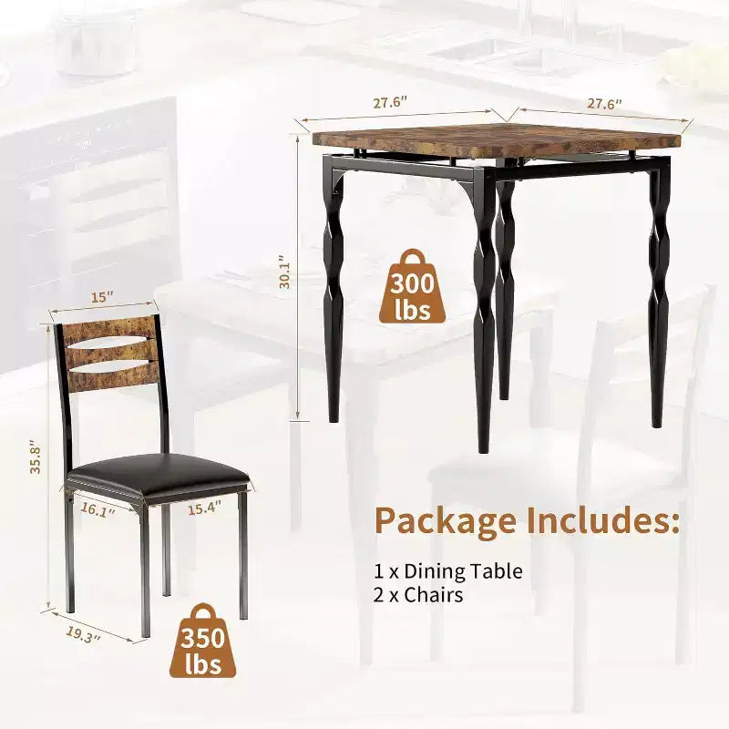 Eetset van 3 delen voor kleine ruimtes, tafel en 2 stoelen met spiraalpoten, compacte keukentafelset voor appartementen