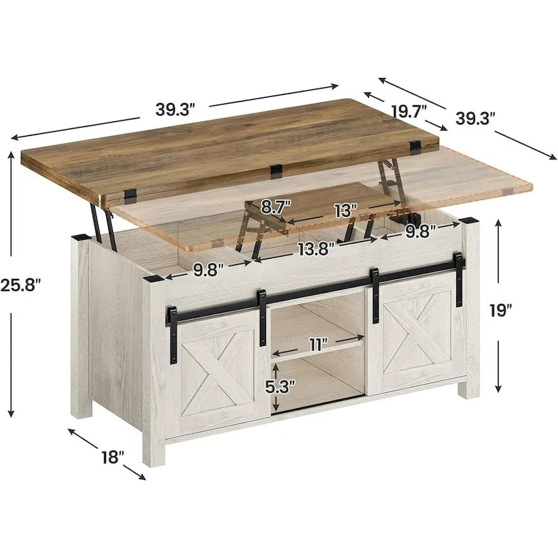 Table basse relevable avec 2 portes coulissantes de style grange, rangement et table à manger