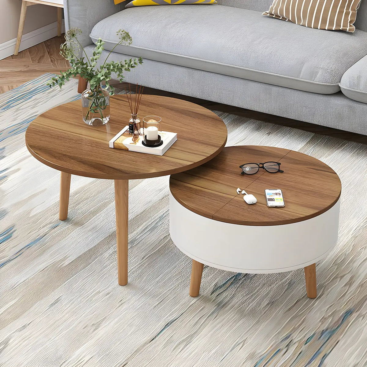 Moderner runder Couchtisch aus Holz in Schwarz und Weiß mit Stauraum
