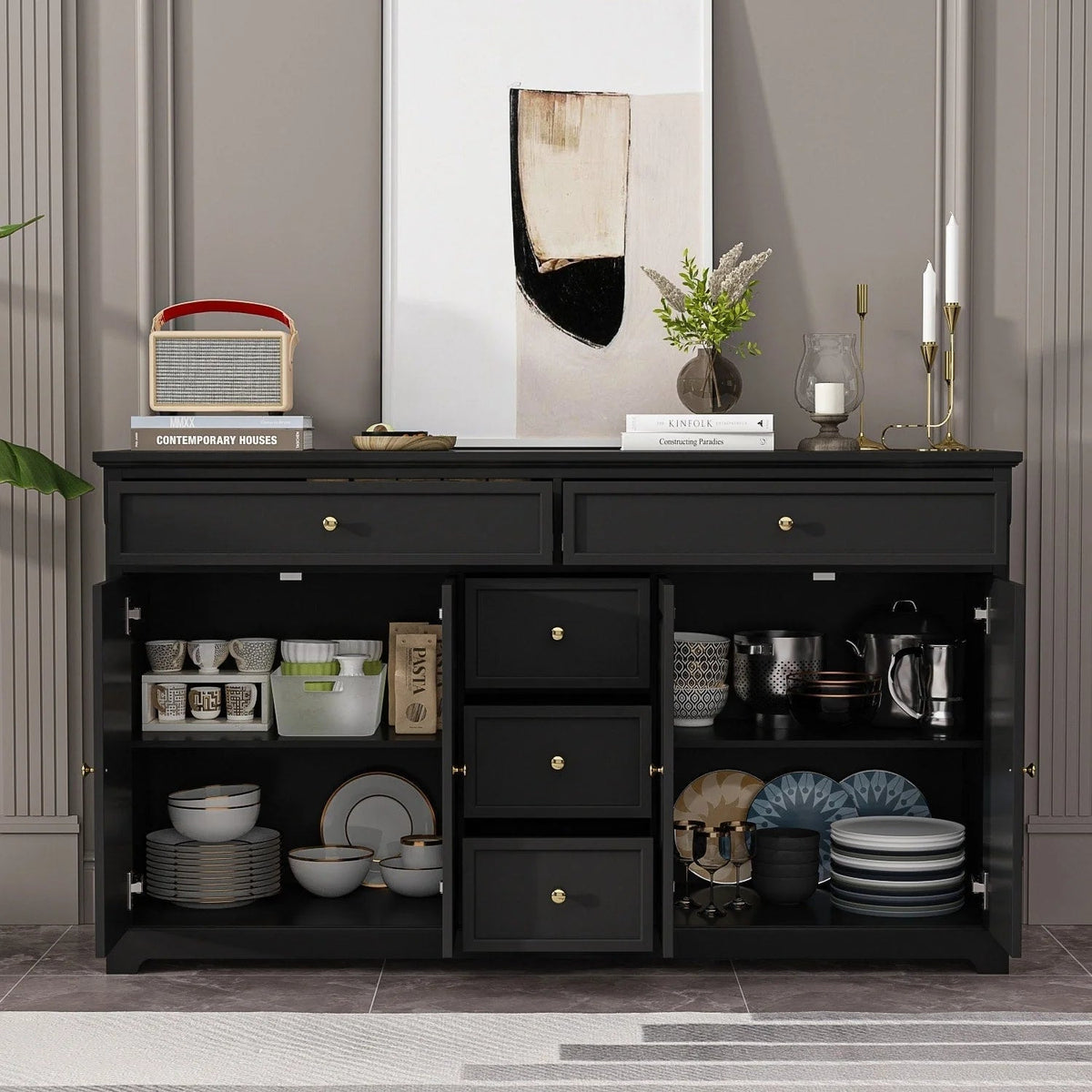 Buffet blanc à portes et tiroirs de 59.1, style moderne du milieu du siècle, laqué contemporain