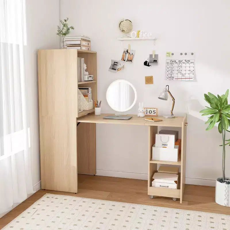 Bureau extensible TUYOHW, bureau pliant pour la maison avec étagères de rangement et roulettes, poste de travail mobile pour petits appartements et bureaux