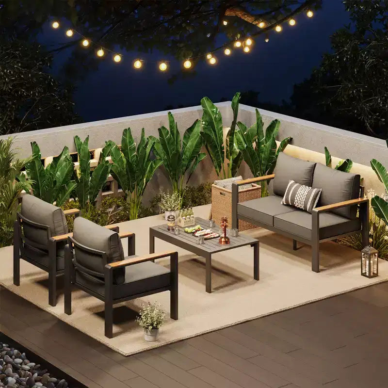 Ensemble de mobilier de patio en aluminium, canapé d’angle d’extérieur avec 5 coussins épais, 4 accoudoirs et table basse pour le jardin, la terrasse ou la cour