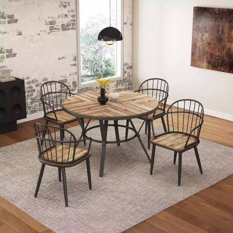 5-teiliges Esszimmer-Set mit 4 Esszimmerstühlen und rundem/quadratischem Tisch, Schwarz+Natur/Walnuss-ModernLuxe