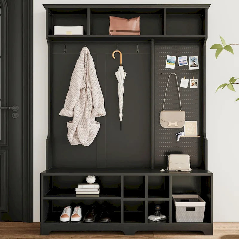 GDFStudio - Appendiabiti multifunzione Finn con panca portascarpe, pannello forato e ampio spazio contenitivo