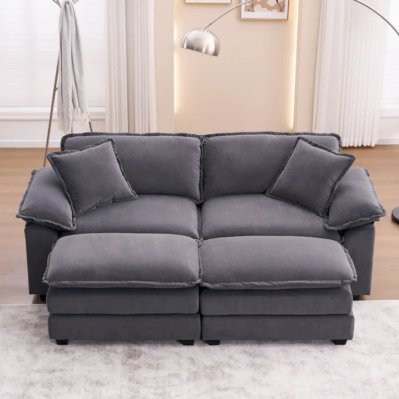 Divano a 2 posti con 2 cuscini, 2 guanciali e 2 pouf, divano comodo - Divano profondo modulare per soggiorno