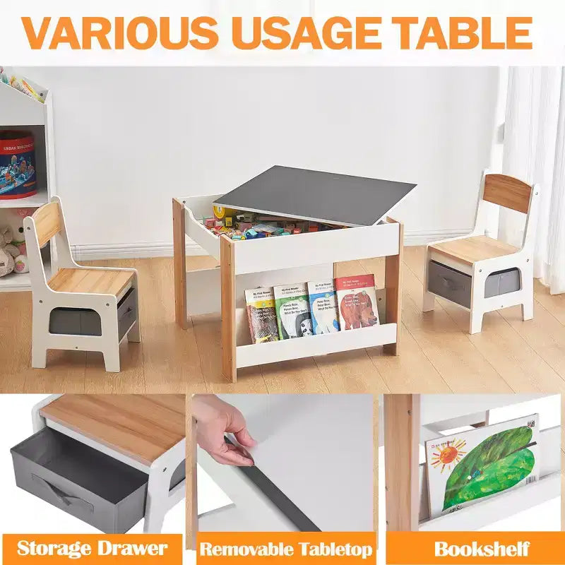 Activiteitentafelset 4-in-1 met afneembaar tafelblad, tafelset met laden en boekenkast, multifunctioneel peutermeubilair om te tekenen en lezen