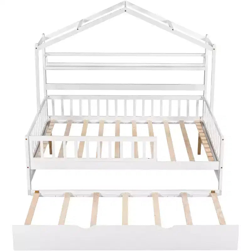 Lit cabane Acekool pour lit double avec lit gigogne simple, tiroirs de rangement et étagères, toit et barrières, lit plateforme pour enfants, blanc