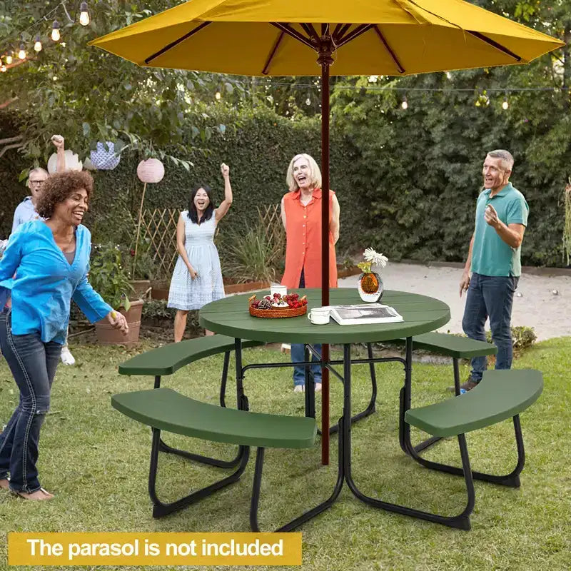 Costway Rundes Picknicktisch-Bank-Set für 8 Personen für den Außenbereich, mit 4 Bänken und Schirmloch, Schwarz/Grau/Grün/Weiß