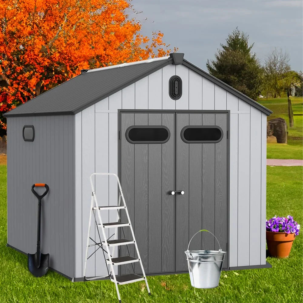Rimessa da giardino in resina e plastica per tutte le stagioni, con pavimento, 6 ft x 4 ft/6 ft x 8 ft/8 ft x 6 ft/8 ft x 10 ft, modello Spire