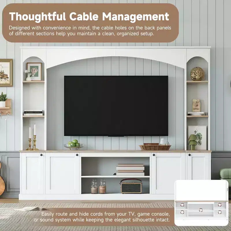 Whisen 91 Medienkonsole, geschwungene Entertainment-Center-Wandeinheit, TV-Schrank im Landhausstil mit Bücherregal in Holzoptik für Fernseher bis zu 70