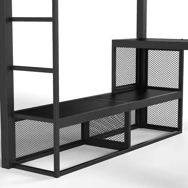 Bellemave metalen hoogslaper in queensize met bureau, opbergplanken en kledingroede, ruimtebesparend hoogslaperframe met veiligheidsrelingen en ladder, geen bedbodem nodig, zwart