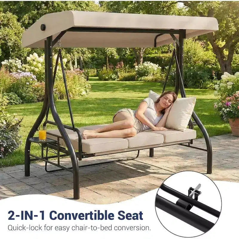 2-in-1-Convertible-Gartenschaukel für 3 Personen mit verstellbarem Sonnendach, Gartenschaukelbett mit Gestell, dicken Polstern und Getränkehaltern, für Hinterhof, Garten und Veranda