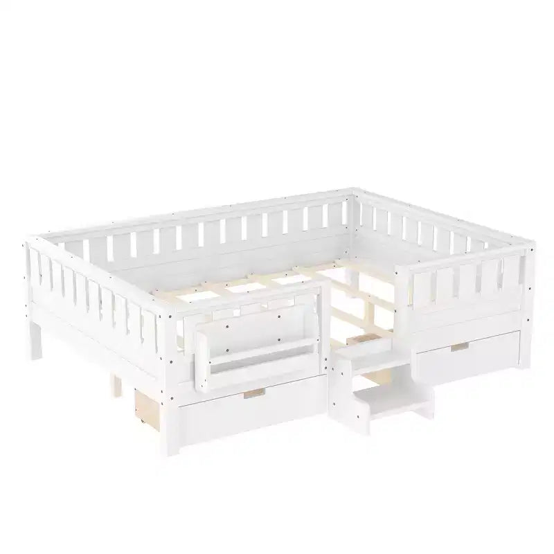 Lit pour enfant Bellemave format queen avec 14 barrières de sécurité, cadre de lit compact avec bibliothèque intégrée et 2 tiroirs de rangement sous le lit