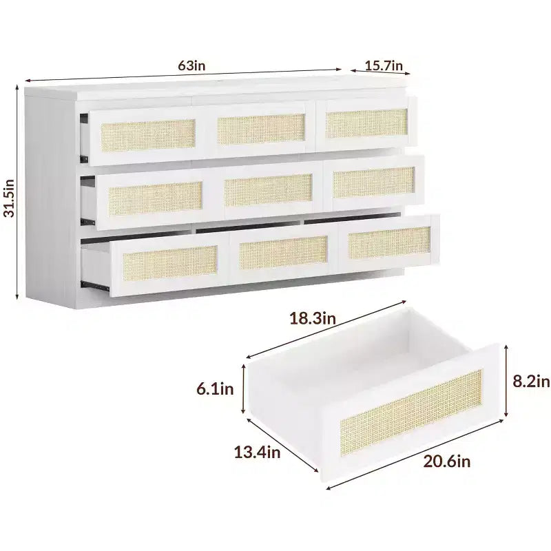 Dresser for Bedroom, Rattan 9 Drawer Dresser for Closet, Double Wood Dressers & Chest of Drawers